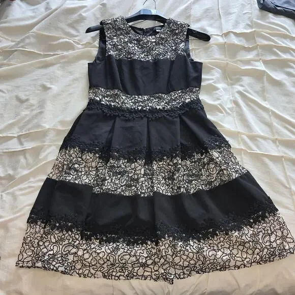 Tahari L32016 Women's Black Lace Zipper Stripe Fit Flare Cocktail Dress Size 10P - Picture 10 of 10